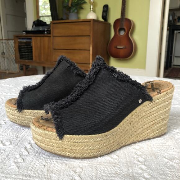 Sam Edelman Espadrille Platform Wedge Sandals Size 7.5 Black Boho Vacation Y2K - Picture 1 of 12